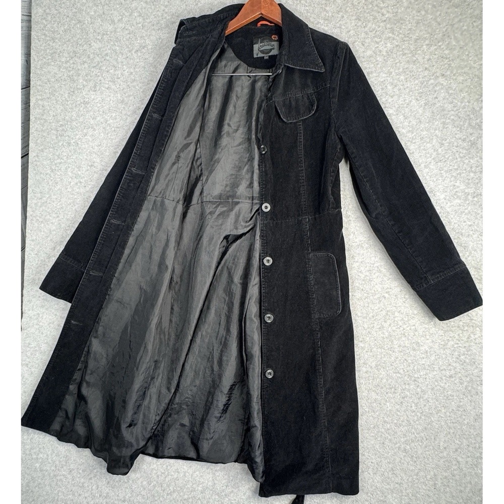 Stradivarius Black Corduroy Trench Coat Belted Goth Academia L VTG Button Up - Picture 5 of 16